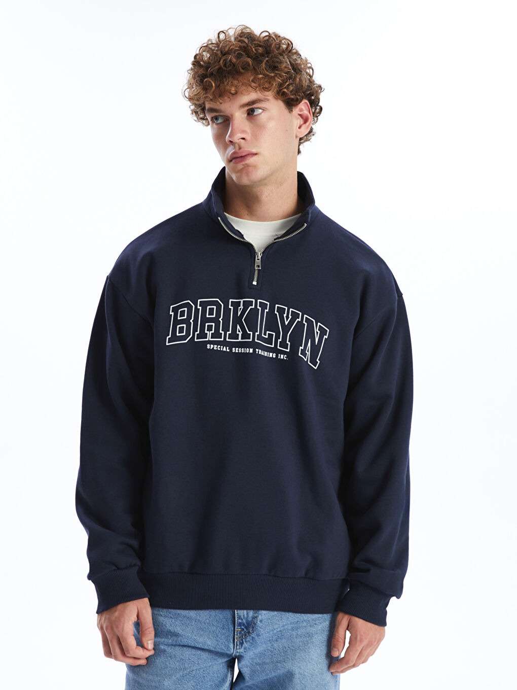 XSIDE Lacivert Dik Yaka Uzun Kollu Baskılı Erkek Kalın Sweatshirt