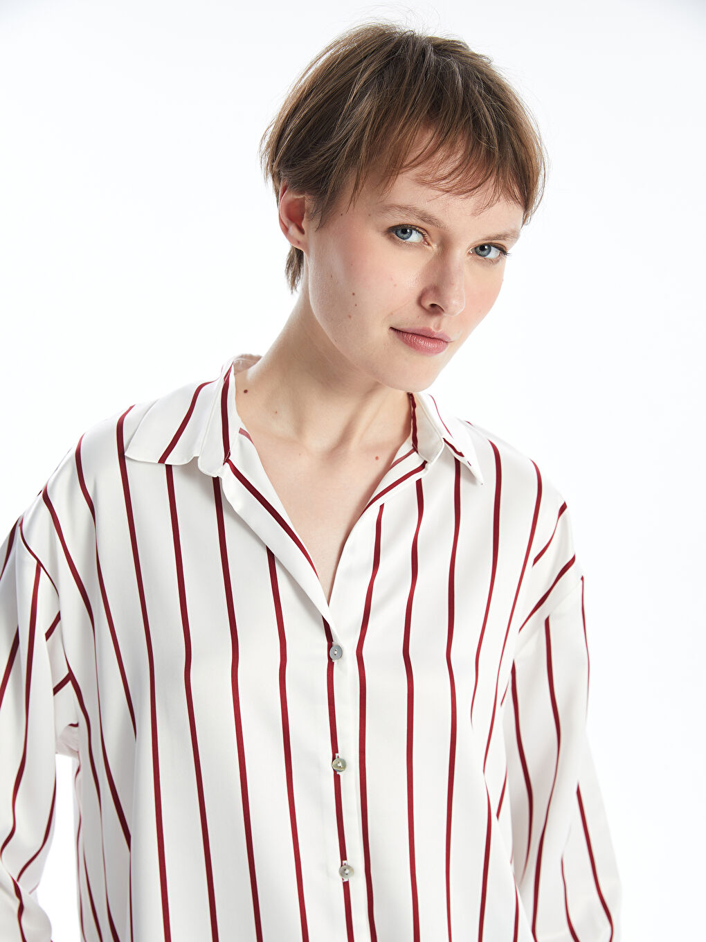 LCW Vision Striped Long Sleeve Oversize Satin Women's Shirt -W4BF48Z8-LJF