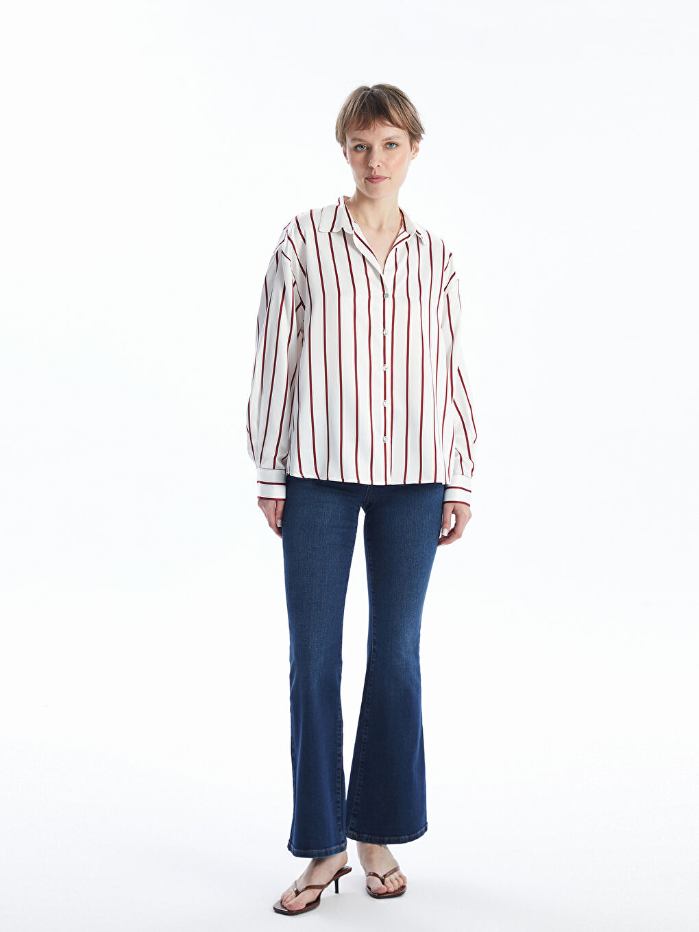 LCW Vision Striped Long Sleeve Oversize Satin Women's Shirt -W4BF48Z8-LJF