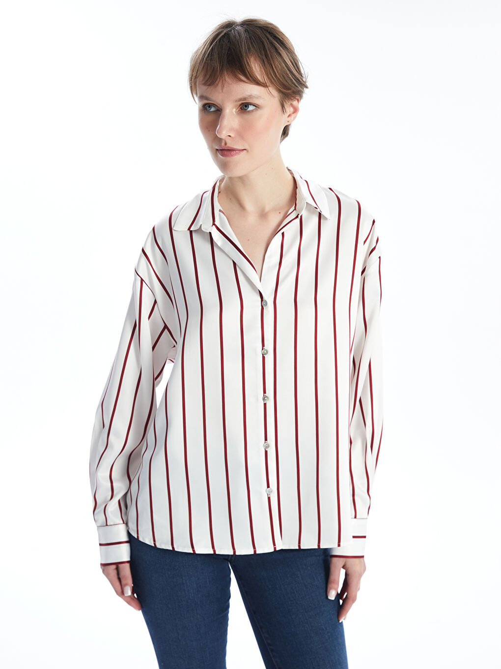 LCW Vision Striped Long Sleeve Oversize Satin Women's Shirt -W4BF48Z8-LJF