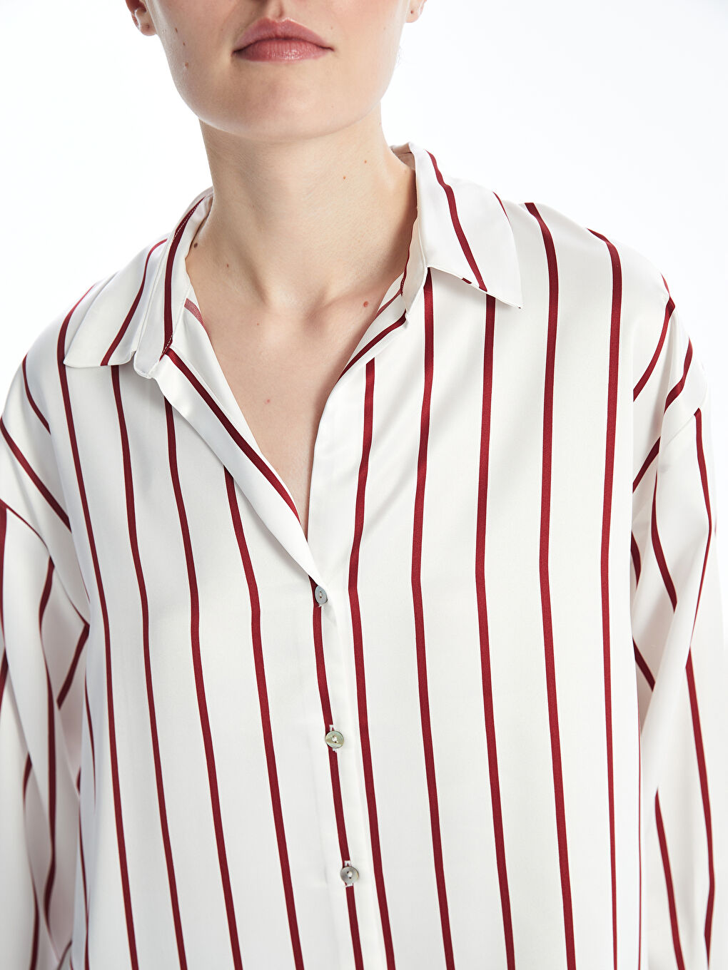LCW Vision Striped Long Sleeve Oversize Satin Women's Shirt -W4BF48Z8-LJF