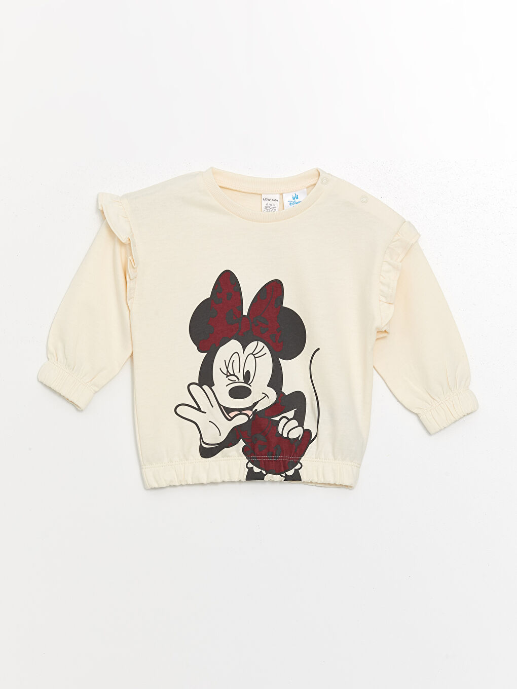 LCW baby Krem Rengi Bisiklet Yaka Uzun Kollu Minnie Mouse Baskılı Kız Bebek Sweatshirt ve Tayt 2'li Takım - 1