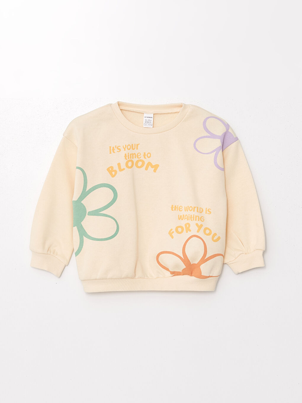 LCW Kids Krem Rengi Bisiklet Yaka Baskılı Kız Çocuk Sweatshirt