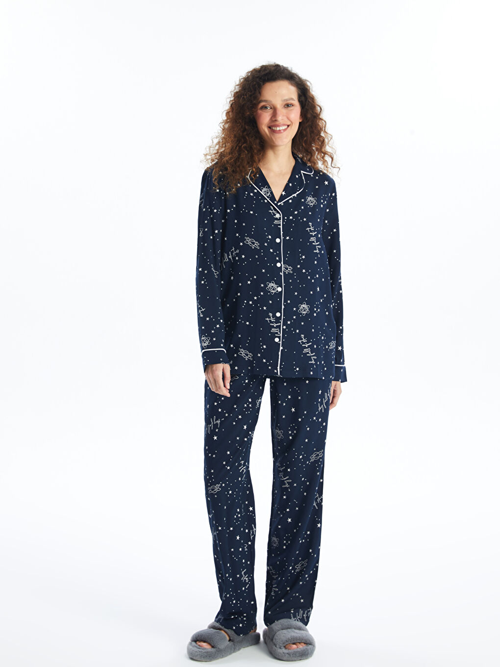 Lacivert Gömlek Yaka Desenli Kadın Pijama Takımı