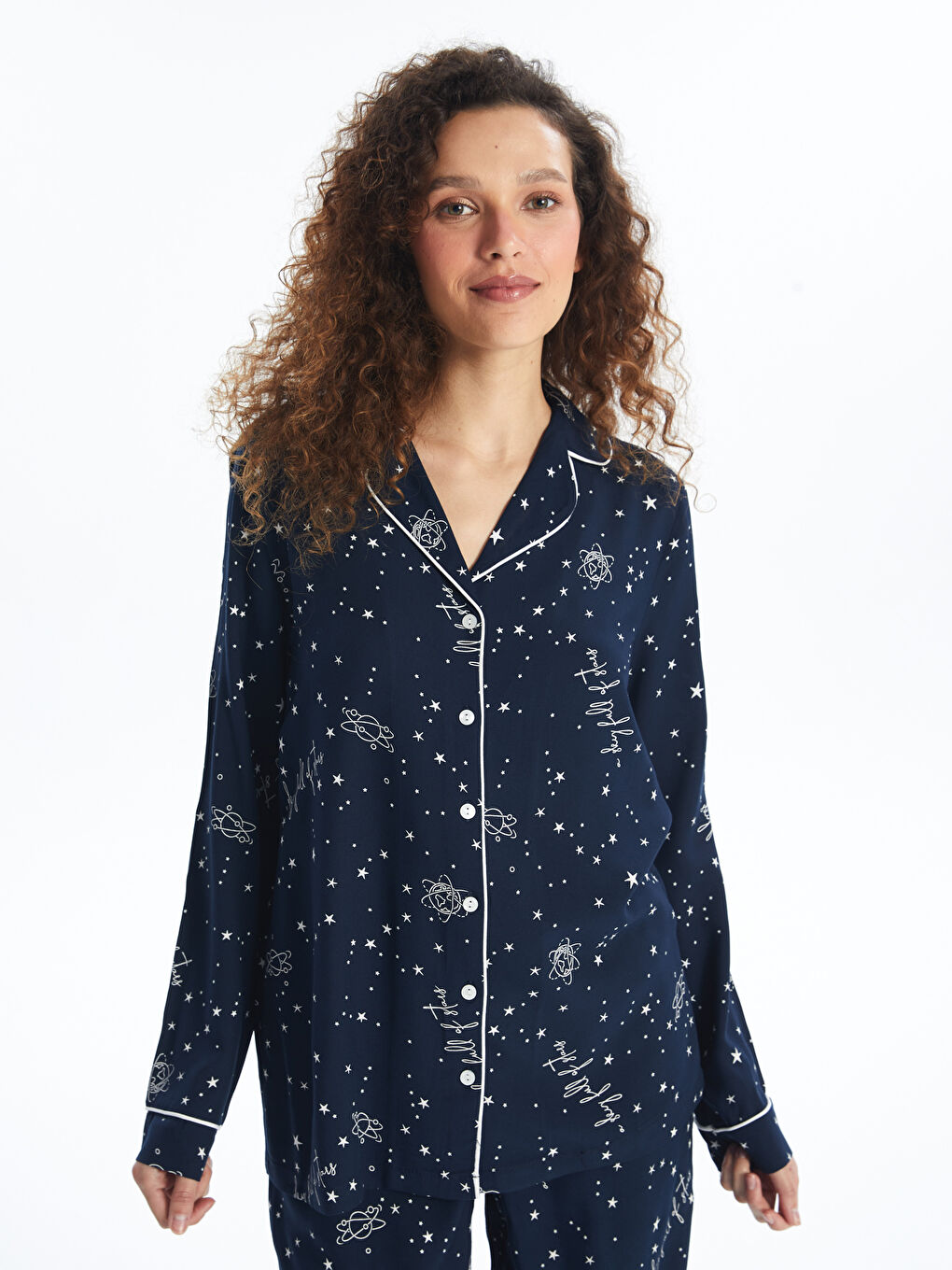 Lacivert Gömlek Yaka Desenli Kadın Pijama Takımı-1