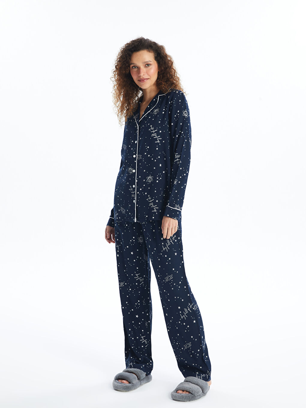 Lacivert Gömlek Yaka Desenli Kadın Pijama Takımı-2