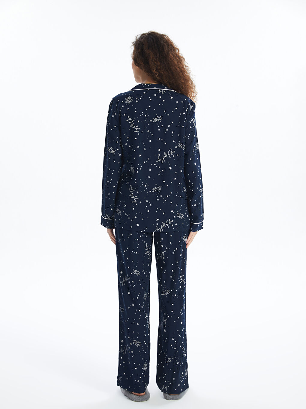 Lacivert Gömlek Yaka Desenli Kadın Pijama Takımı-4