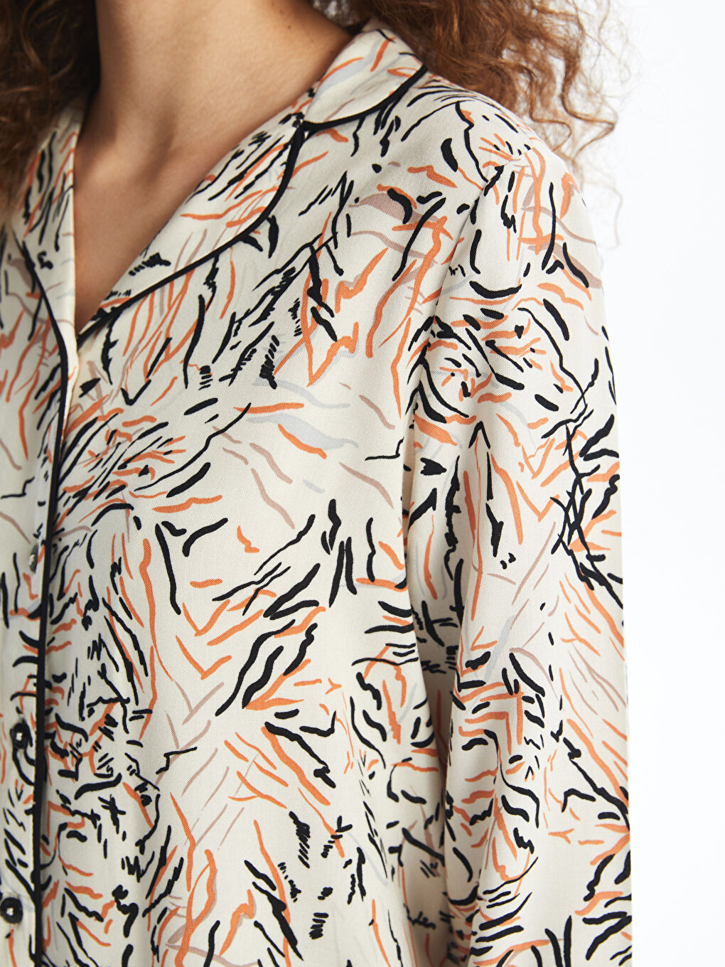 Ekru Gömlek Yaka Desenli Kadın Pijama Takımı-3