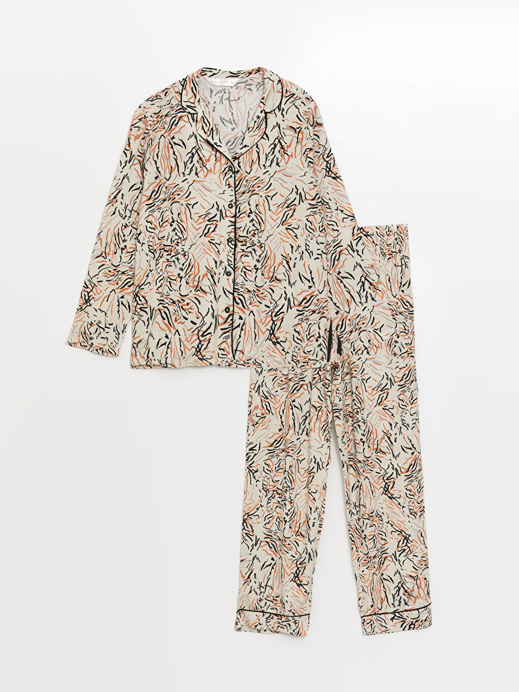 Ekru Gömlek Yaka Desenli Kadın Pijama Takımı-5