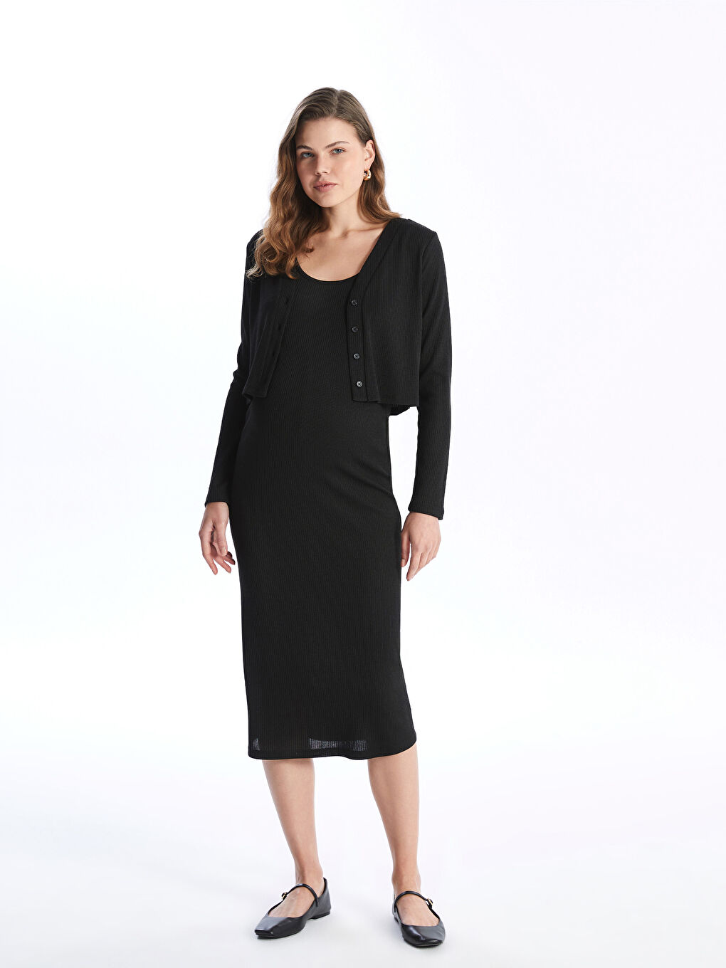 Rochie și Cardigan pentru Femei cu Guler Rotund