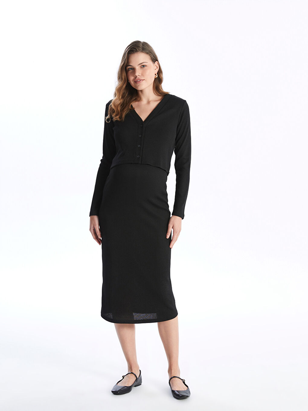 Rochie și Cardigan pentru Femei cu Guler Rotund-1