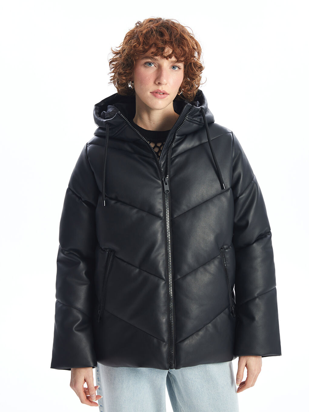 Hooded Faux Leather Women's Puffer Coat