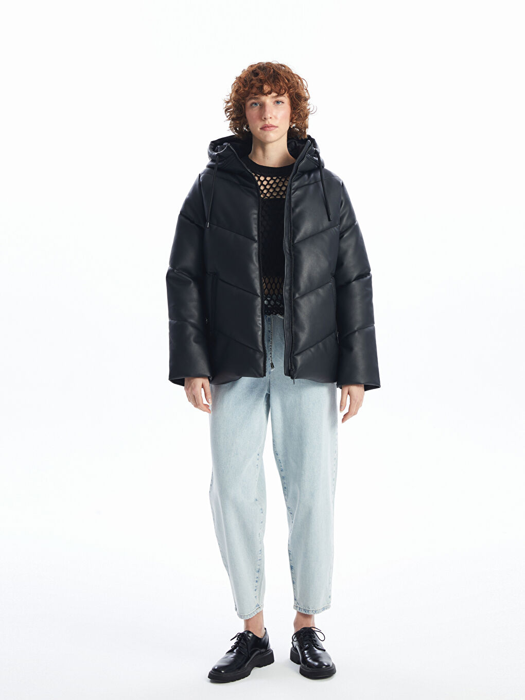 Hooded Faux Leather Women's Puffer Coat-1