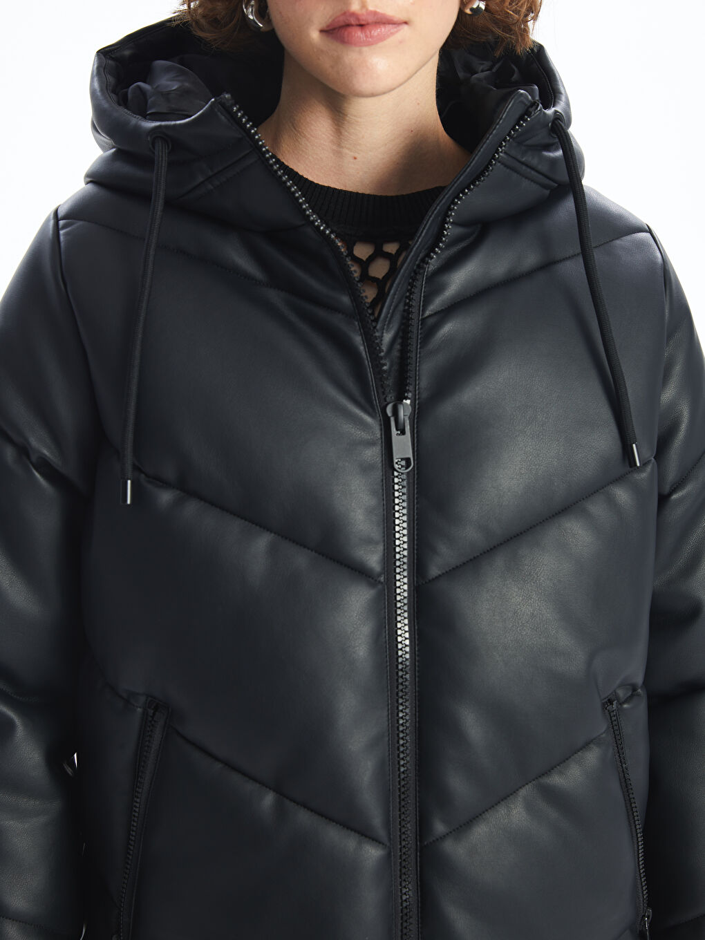 Hooded Faux Leather Women's Puffer Coat-3