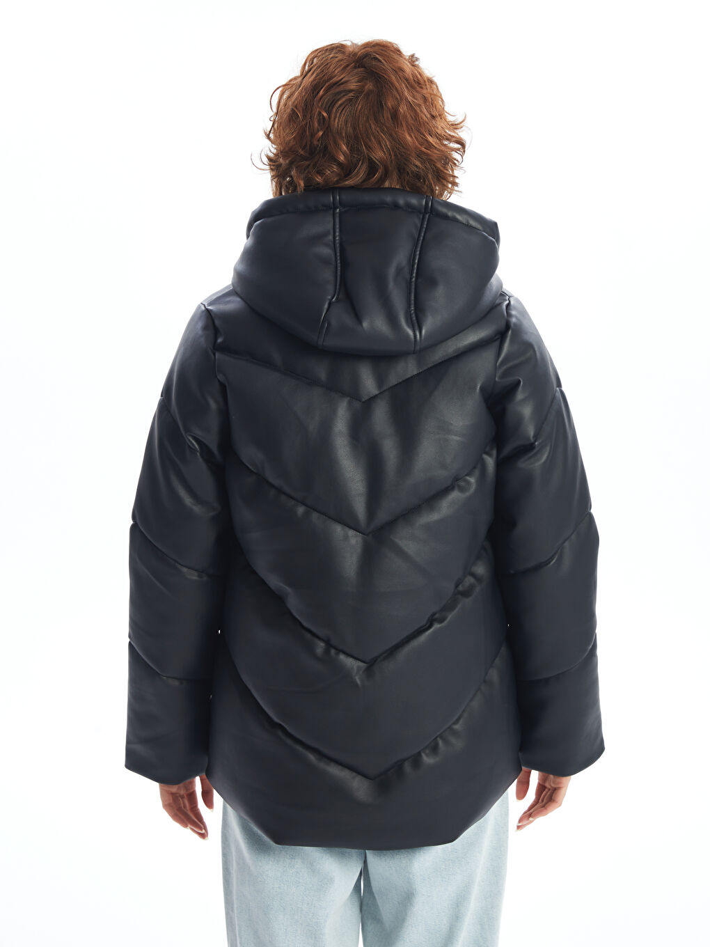 Hooded Faux Leather Women's Puffer Coat-4