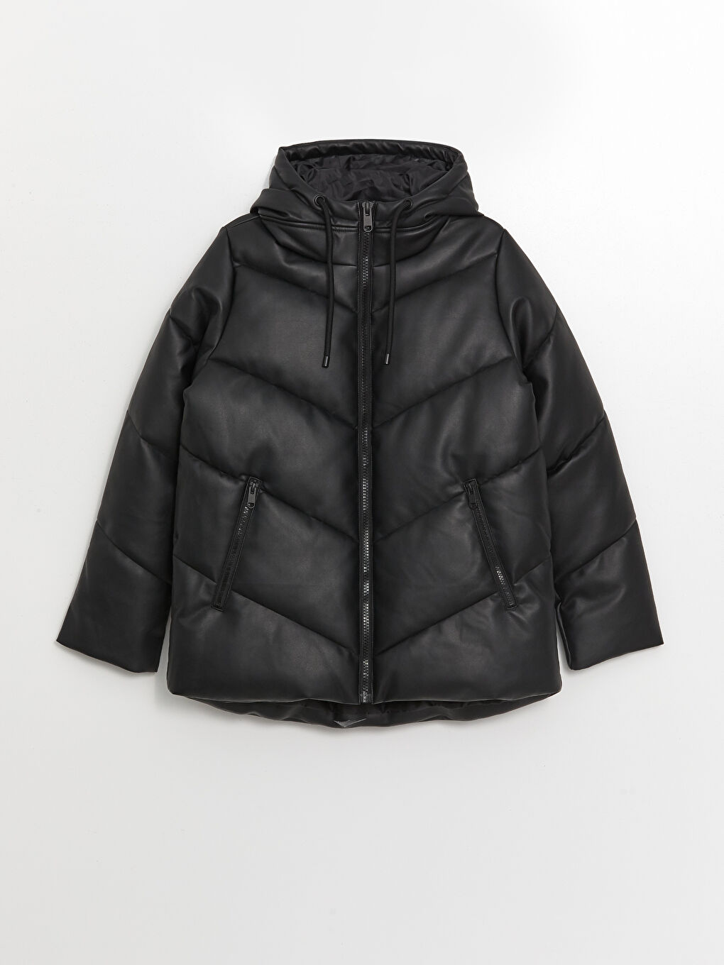 Hooded Faux Leather Women's Puffer Coat-5