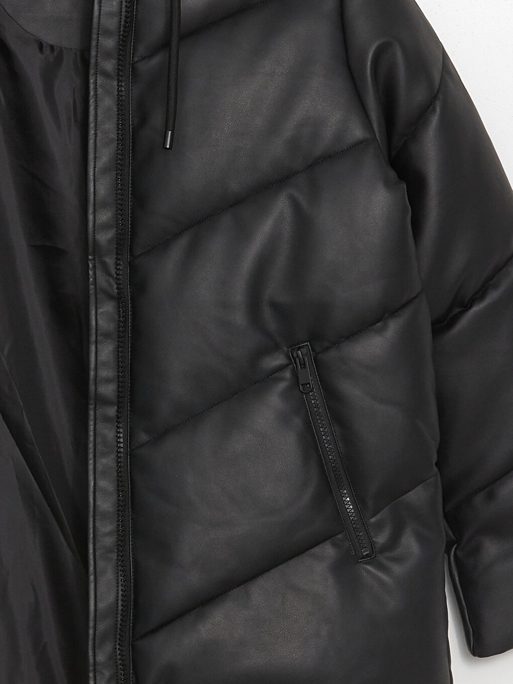 Hooded Faux Leather Women's Puffer Coat-7