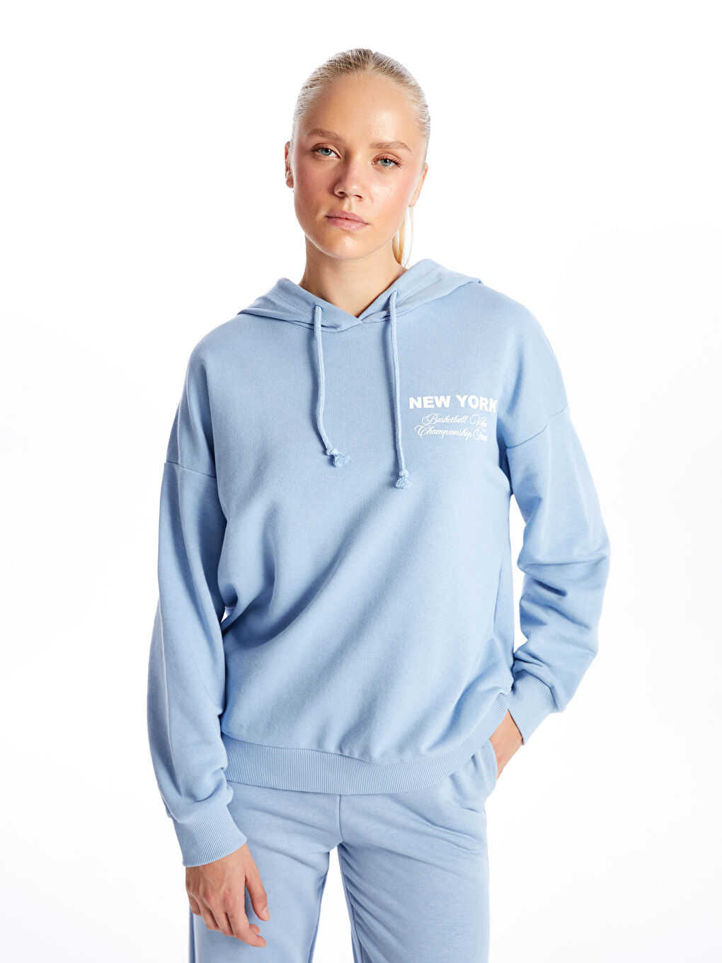 XSIDE Mat Mavi Baskılı Uzun Kollu Oversize Kadın Hoodie - 1