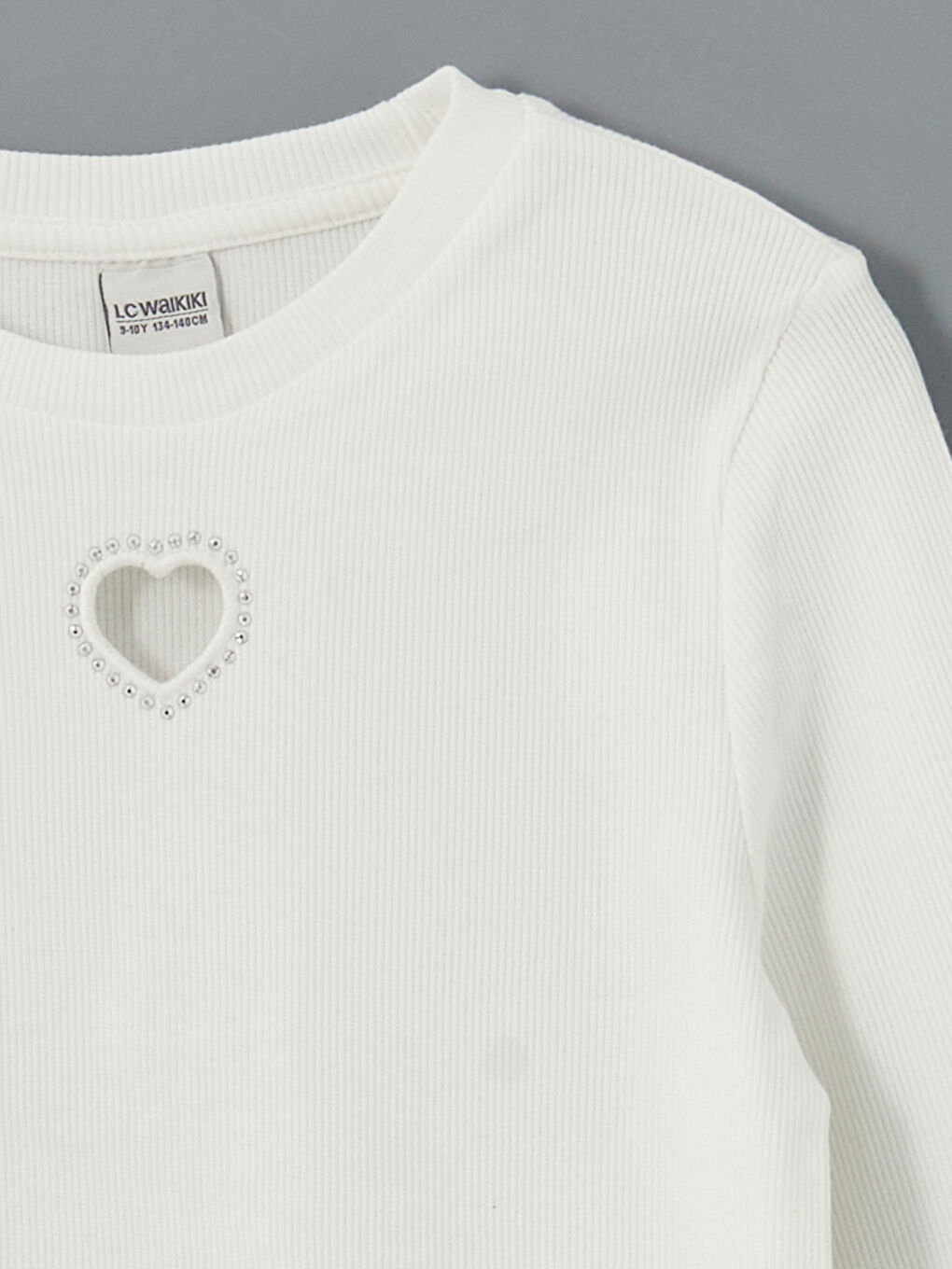 Ekru Bisiklet Yaka Taşlı Kız Çocuk Tişört-2