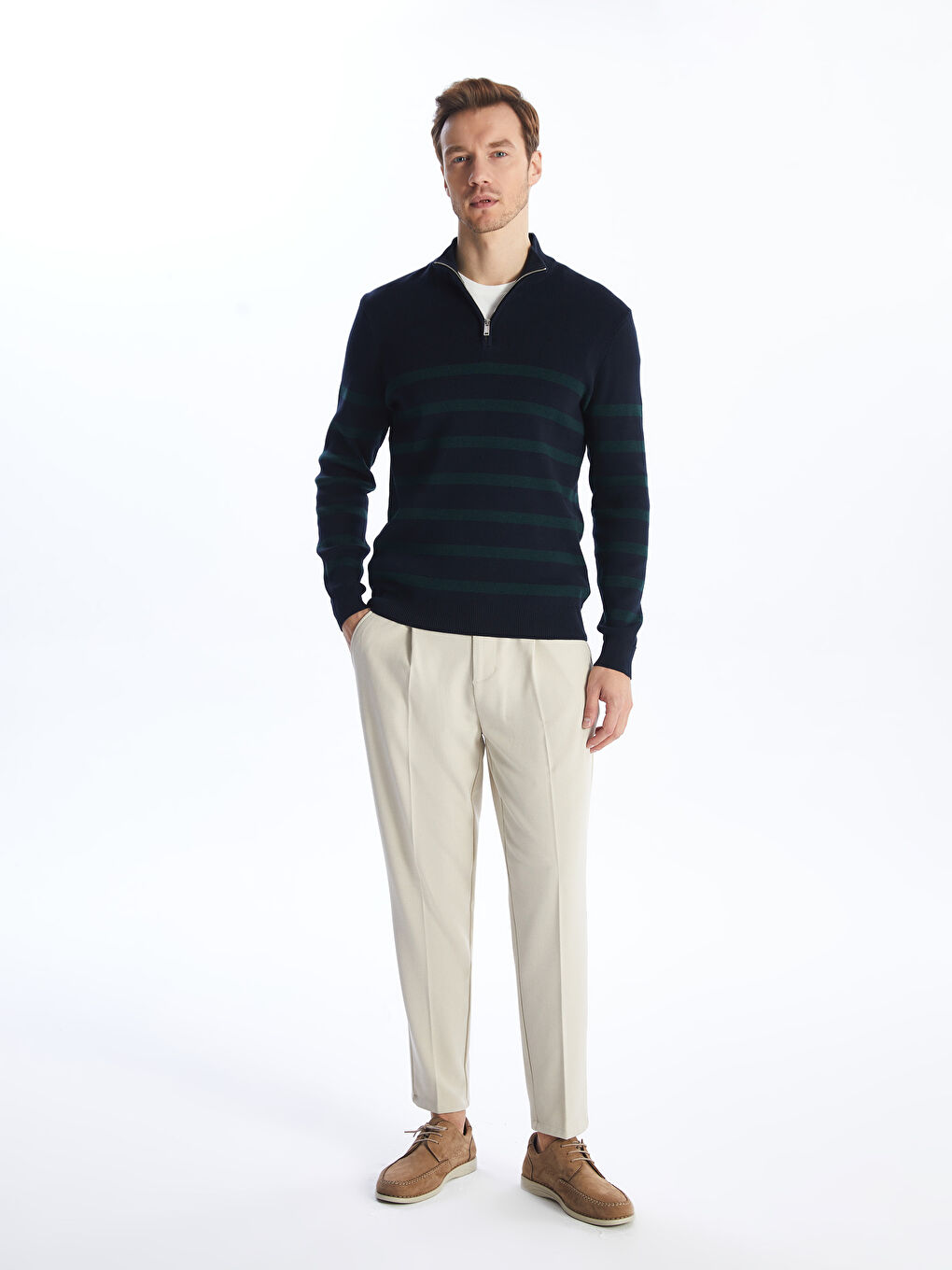 سترة تريكو مخططة كم طويل بياقة قمع للرجال-2