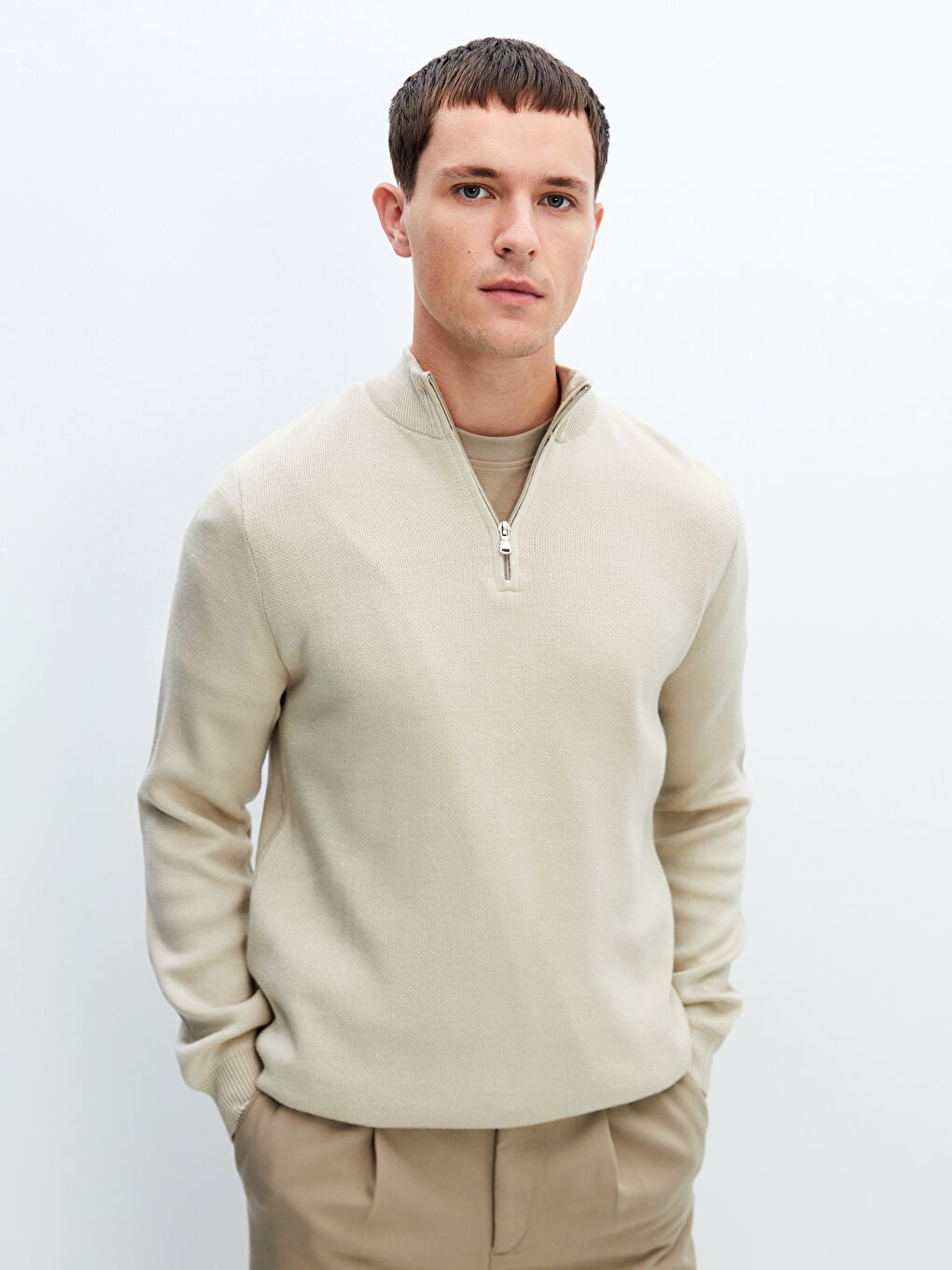 Funnel Neck Long Sleeve Men's Knitwear Sweater