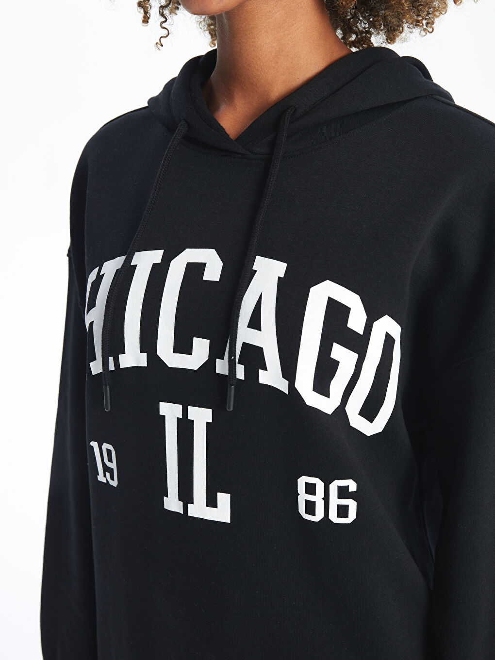 XSIDE Yeni Siyah Baskılı Uzun Kollu Oversize Kadın Hoodie - 2