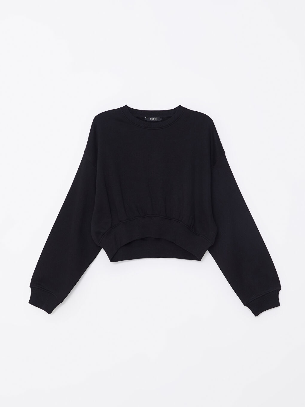 XSIDE Yeni Siyah Bisiklet Yaka Düz Oversize Crop Kadın Sweatshirt - 4