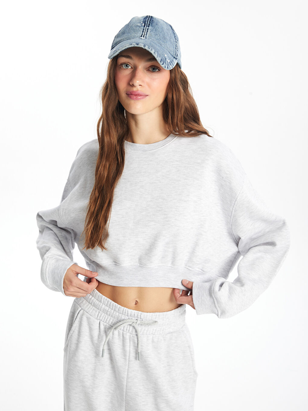 XSIDE Gri Melanj Bisiklet Yaka Düz Oversize Crop Kadın Sweatshirt