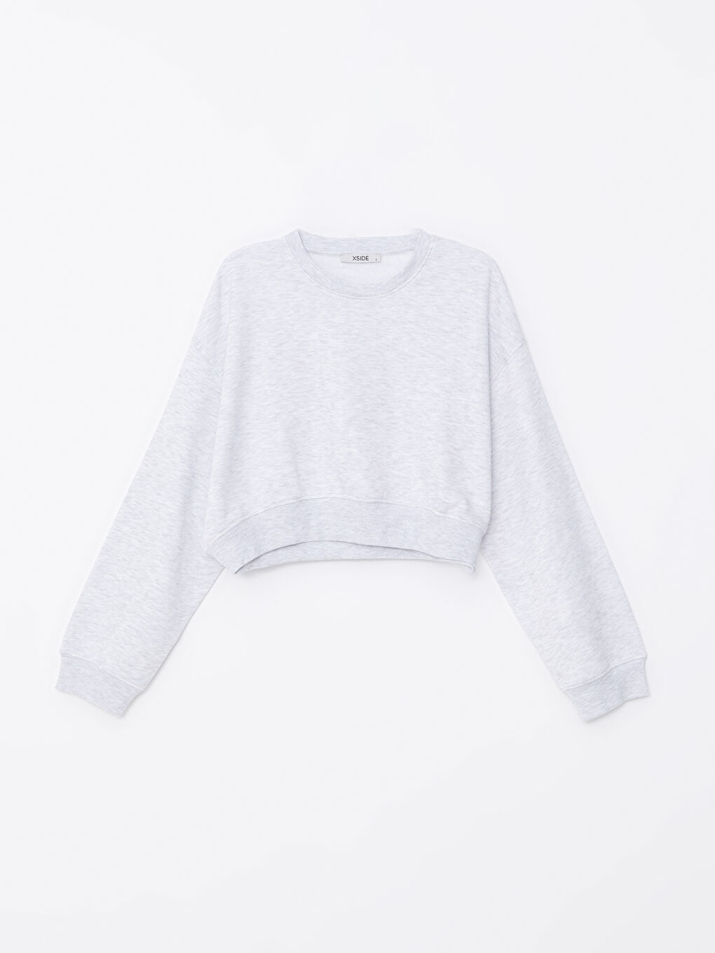 XSIDE Gri Melanj Bisiklet Yaka Düz Oversize Crop Kadın Sweatshirt - 4