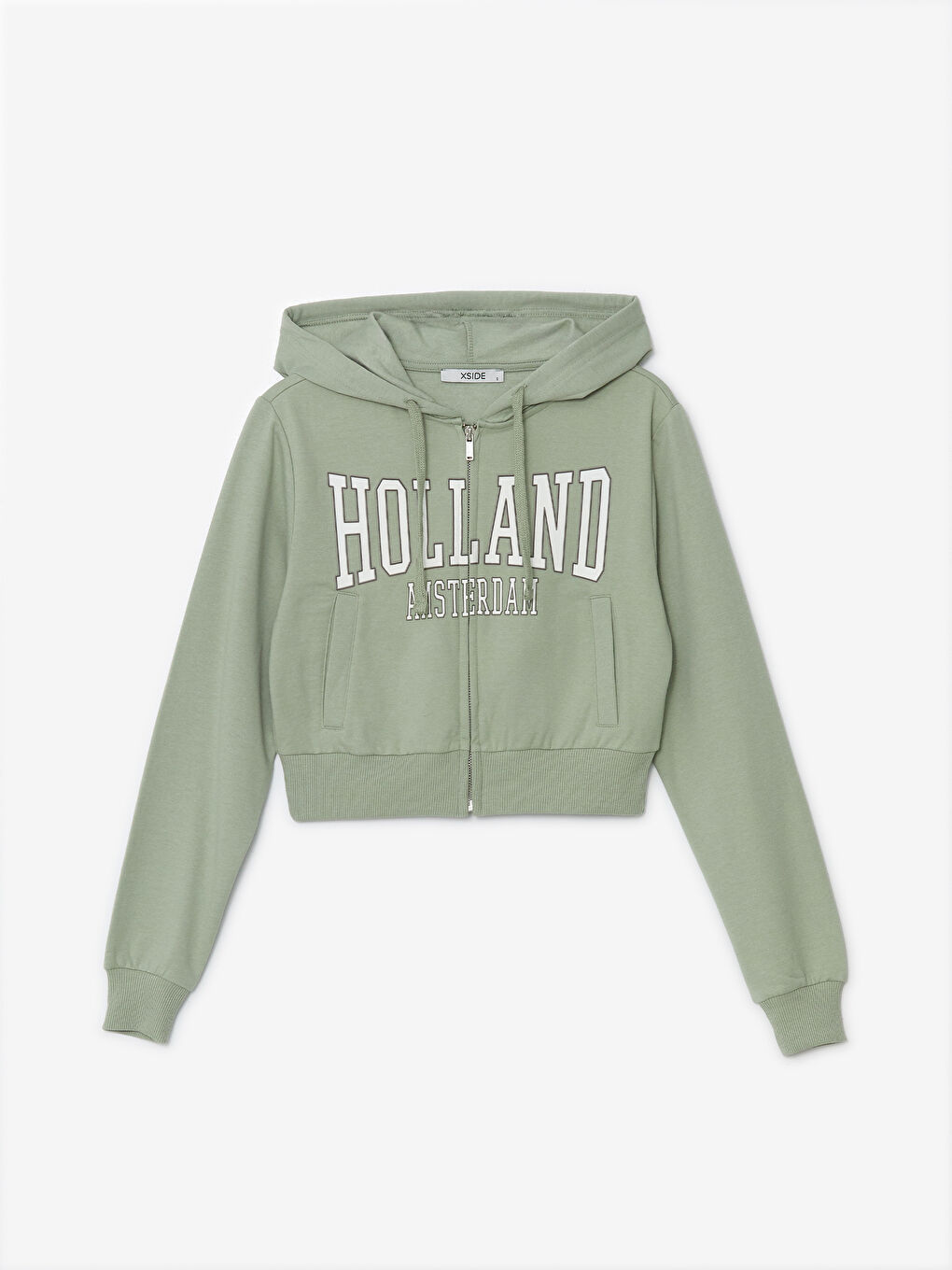 XSIDE Açık Haki Kapüşonlu Baskılı Kadın Fermuarlı Sweatshirt - 4