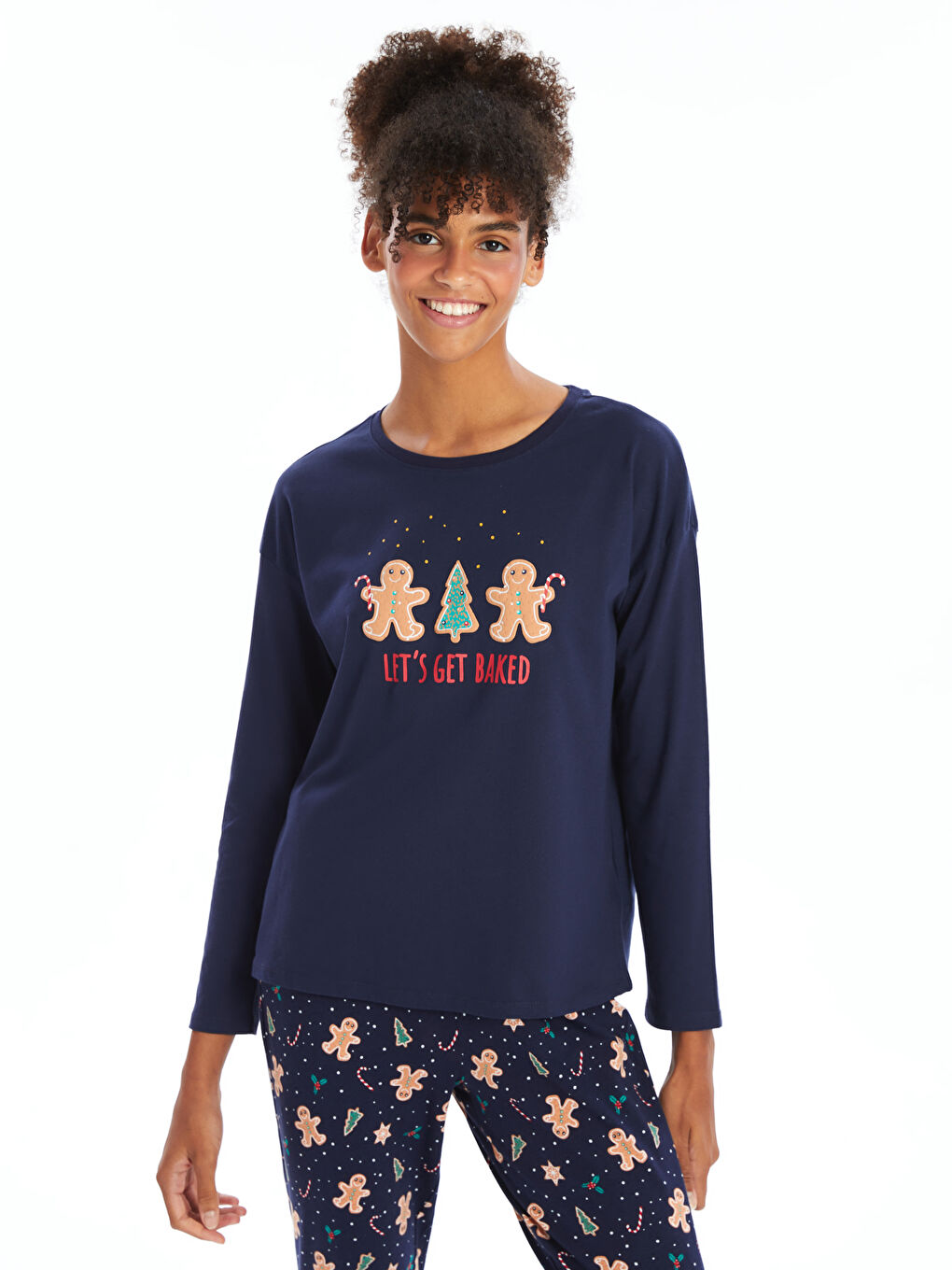 Lacivert Bisiklet Yaka Yılbaşı Temalı Kadın Pijama Üst
