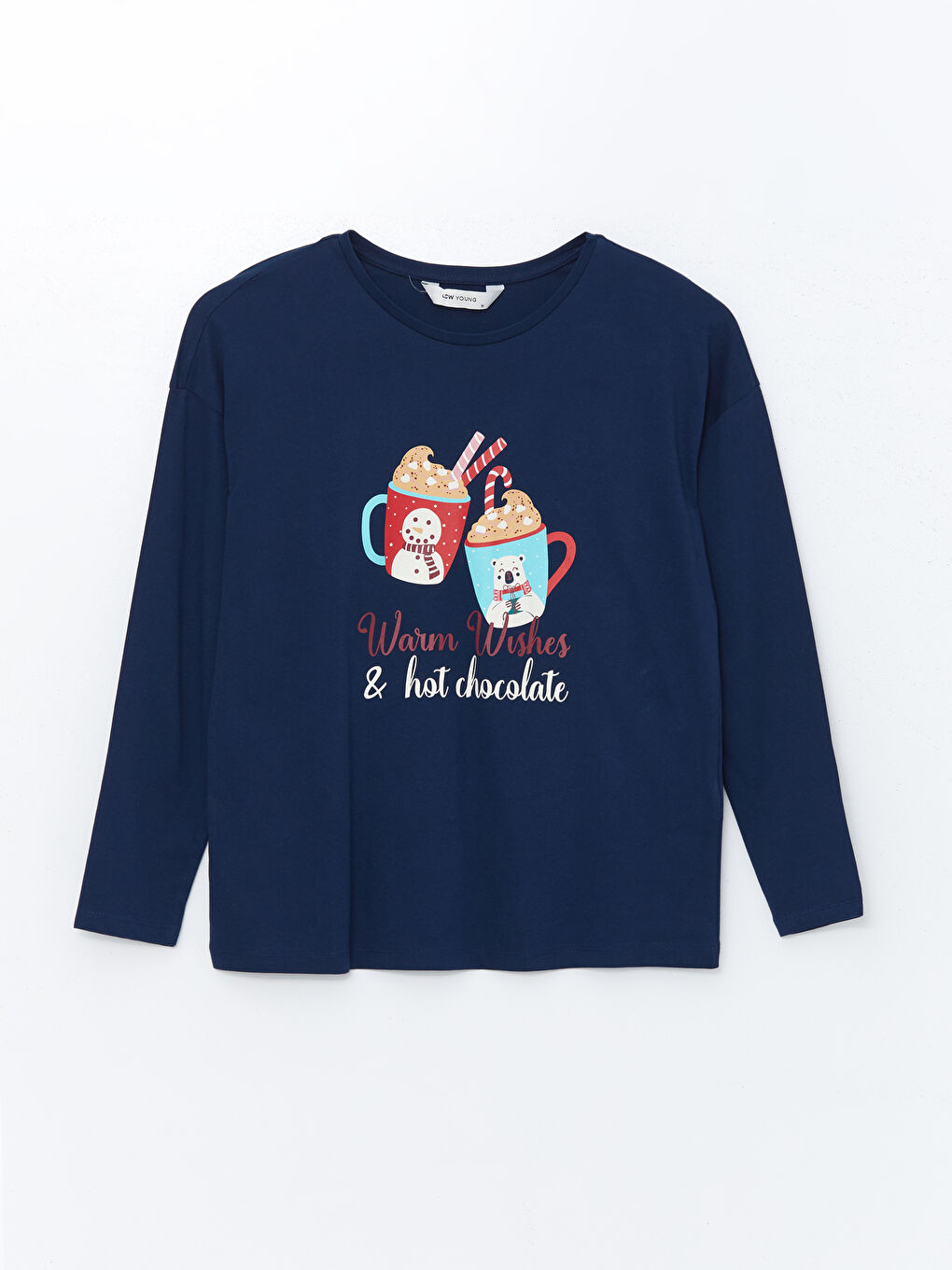 Lacivert Bisiklet Yaka Baskılı Kadın Pijama Üst