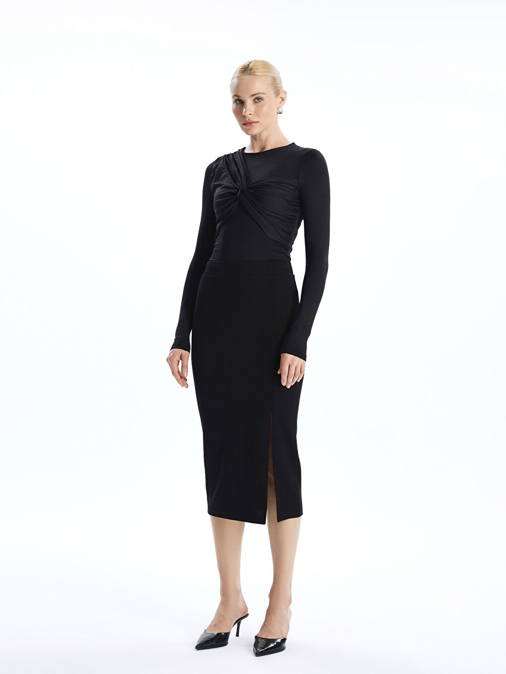 Siyah Beli Lastikli Dar Fit Kadın Etek