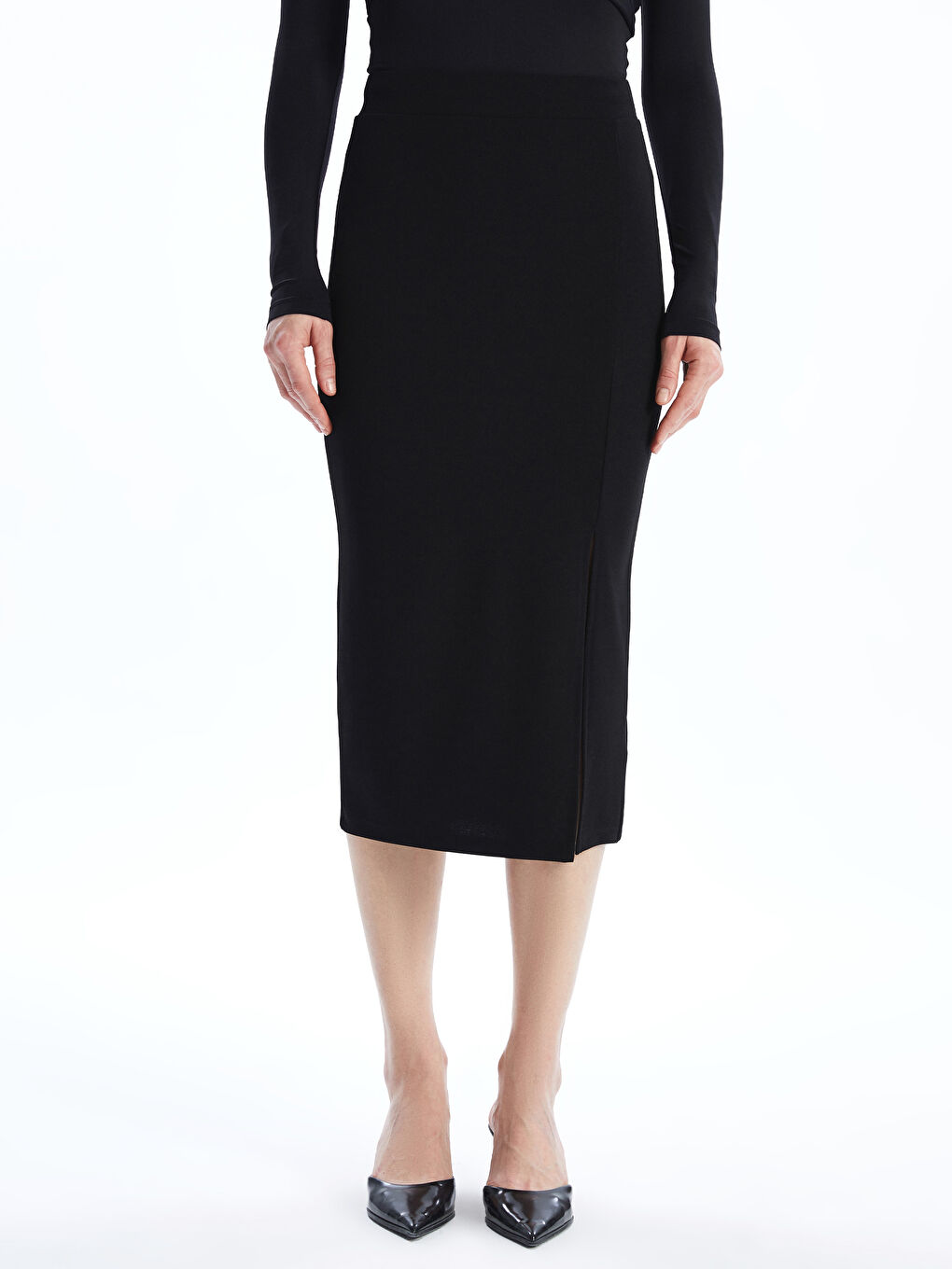 Siyah Beli Lastikli Dar Fit Kadın Etek-1