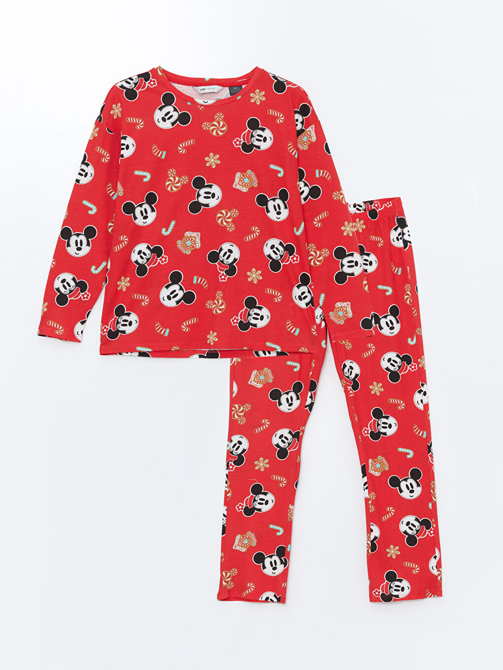 LCW Young Kırmızı Baskılı Bisiklet Yaka Mickey Mouse Baskılı Kadın Pijama Takımı - 4