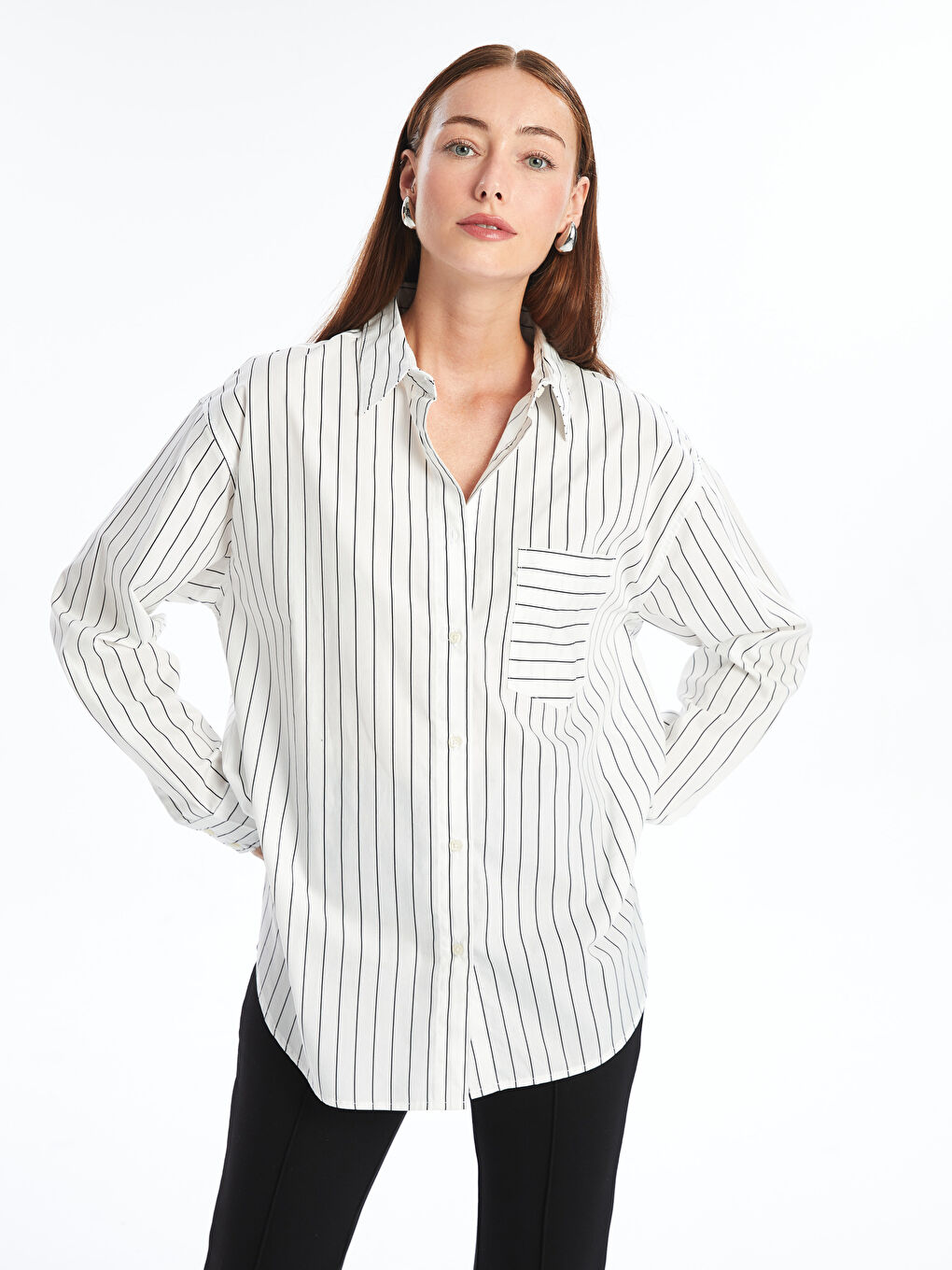 LCW Vision Çizgili Oversize Poplin Kadın Gömlek -W4BP98Z8-LEG