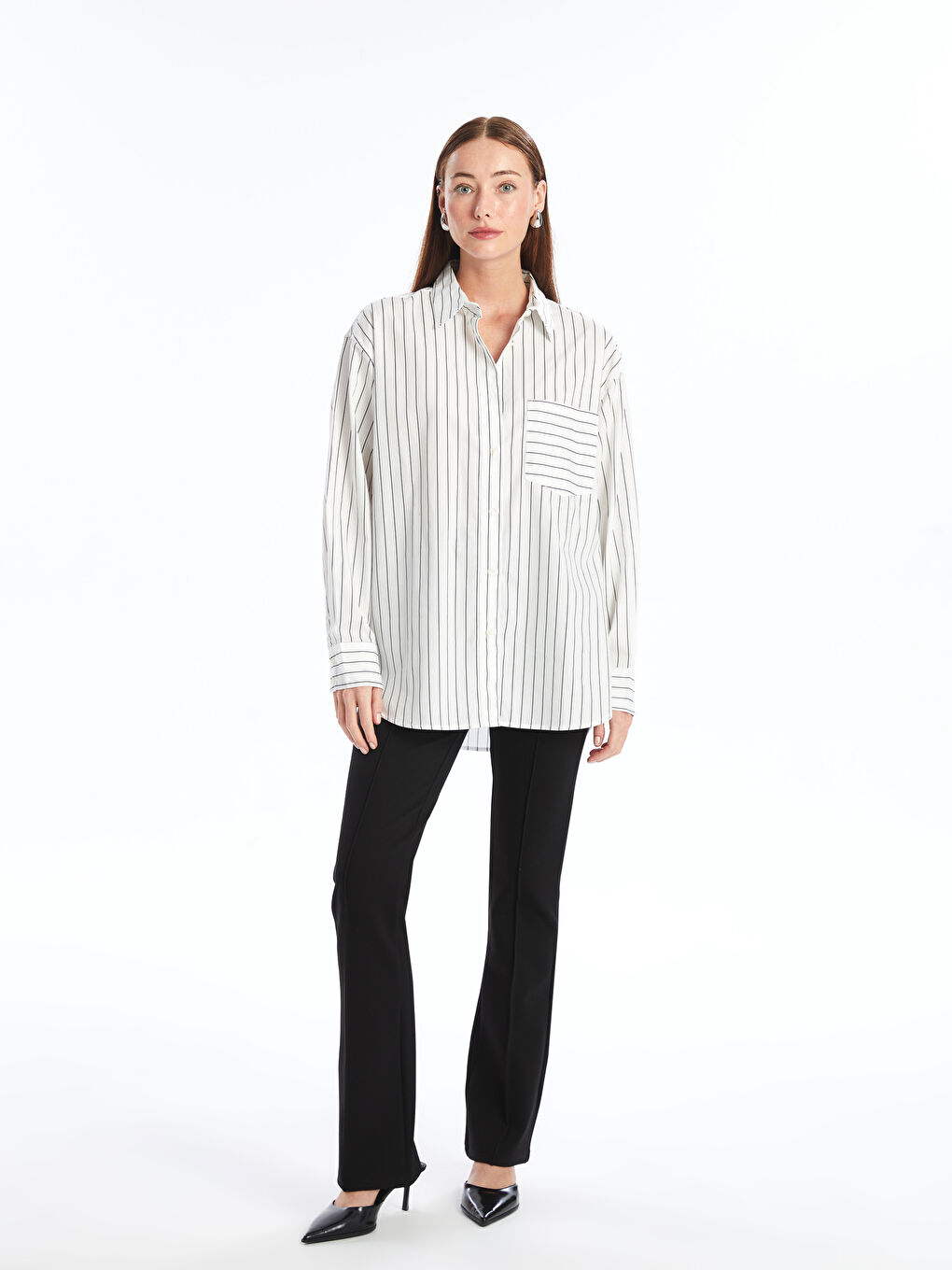 LCW Vision Çizgili Oversize Poplin Kadın Gömlek -W4BP98Z8-LEG