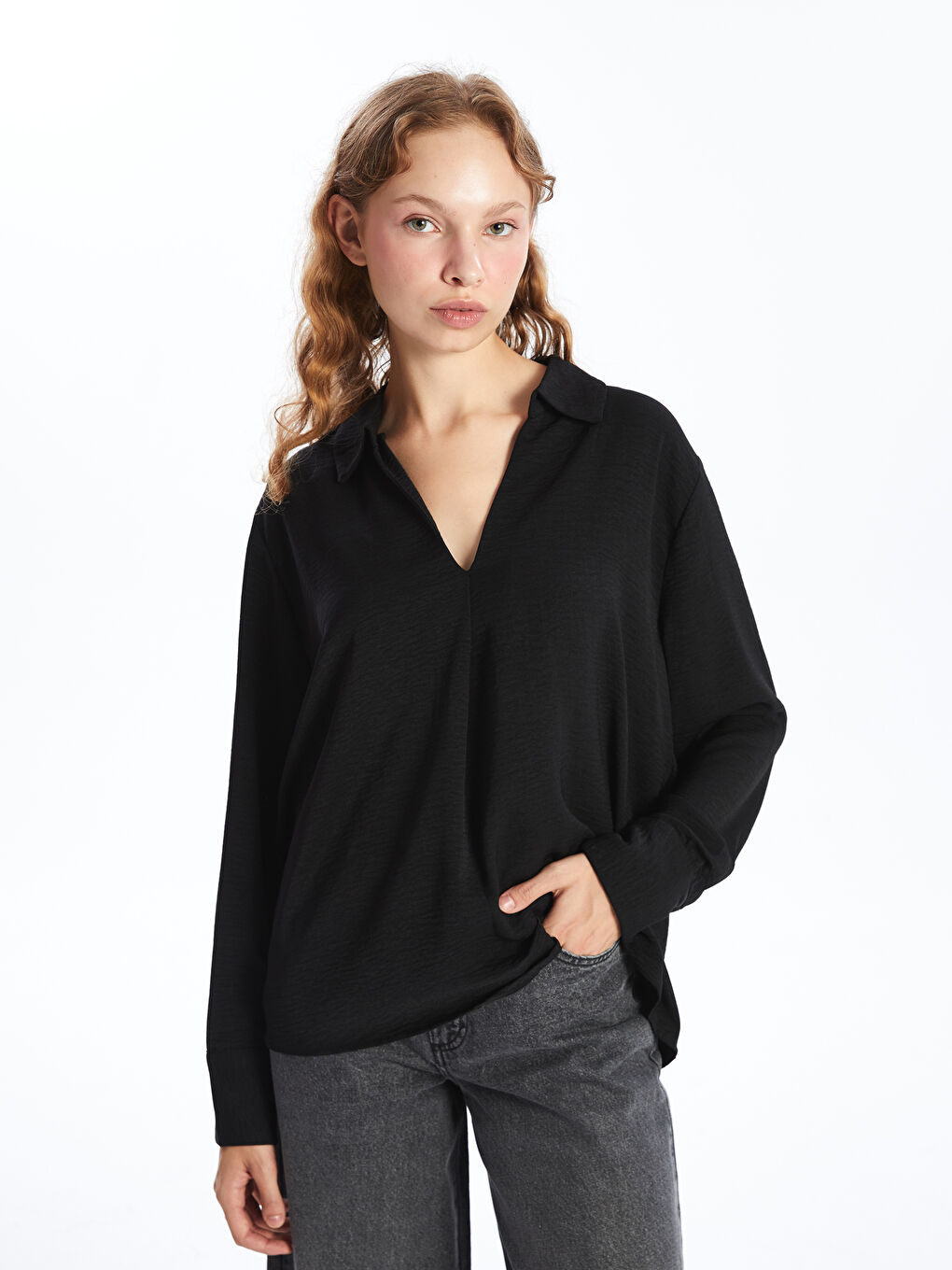 LCW Vision Gömlek Yaka Dokulu Oversize Kadın Bluz -W4BQ02Z8-CVL