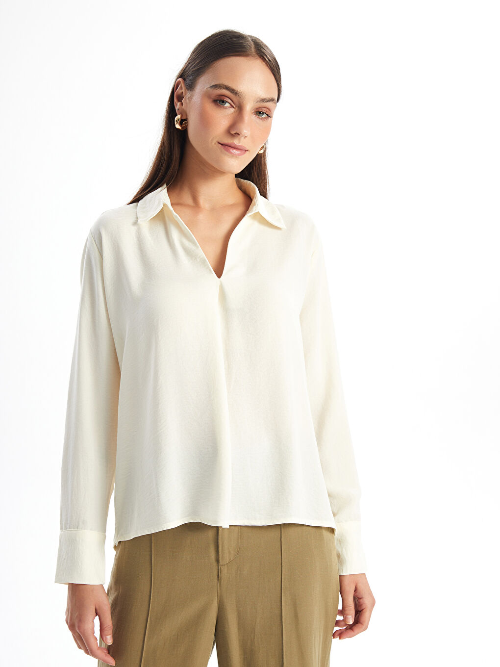 LCW Vision Collared Neck Textured Oversize Women's Blouse -W4BQ02Z8-R9J