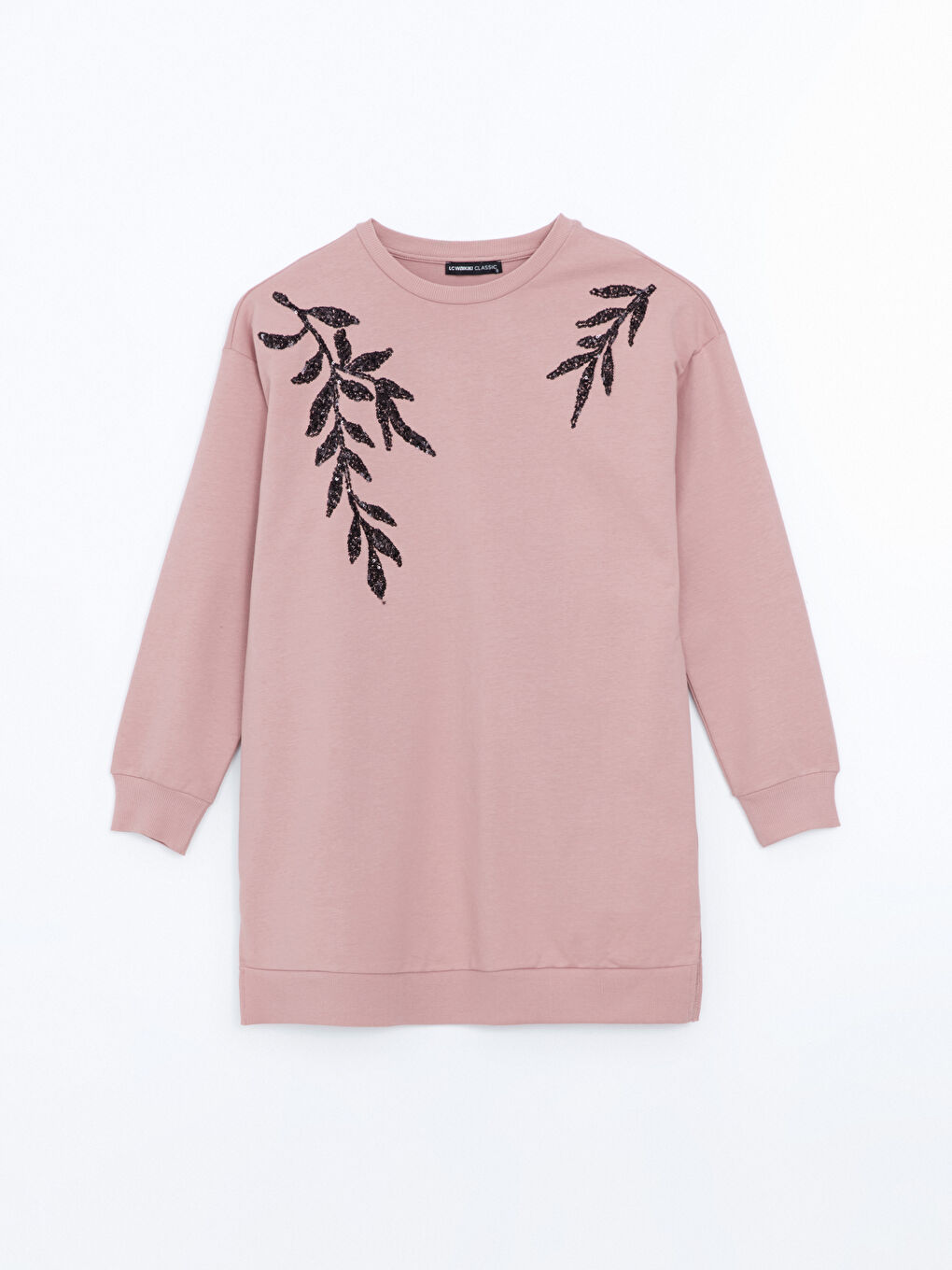 LCWAIKIKI Basic Pembe Bisiklet Yaka Pul İşlemeli Oversize Kadın Sweatshirt Tunik - 4