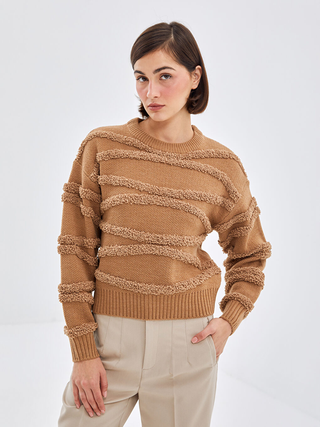 Crew Neck Textured Women's Knitwear Sweater -W4BQ30Z8-GMW