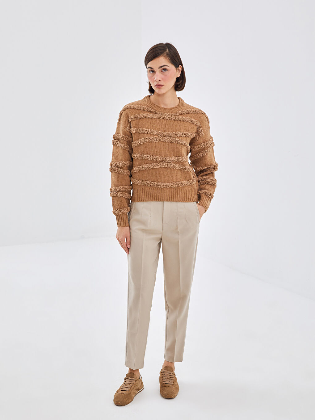 Crew Neck Textured Women's Knitwear Sweater -W4BQ30Z8-GMW
