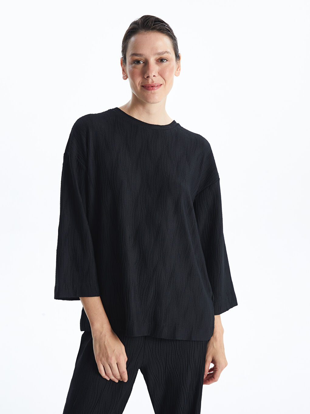 Crew Neck Textured Women'S T-Shirt -W4BQ37Z8-CVL