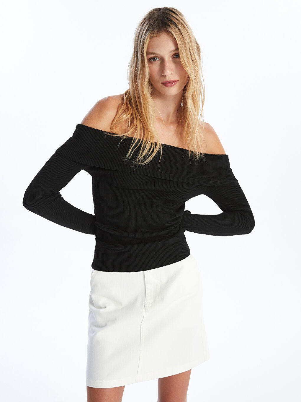 Slash Neck Textured Women's Knitwear Sweater -W4BR41Z8-CVL