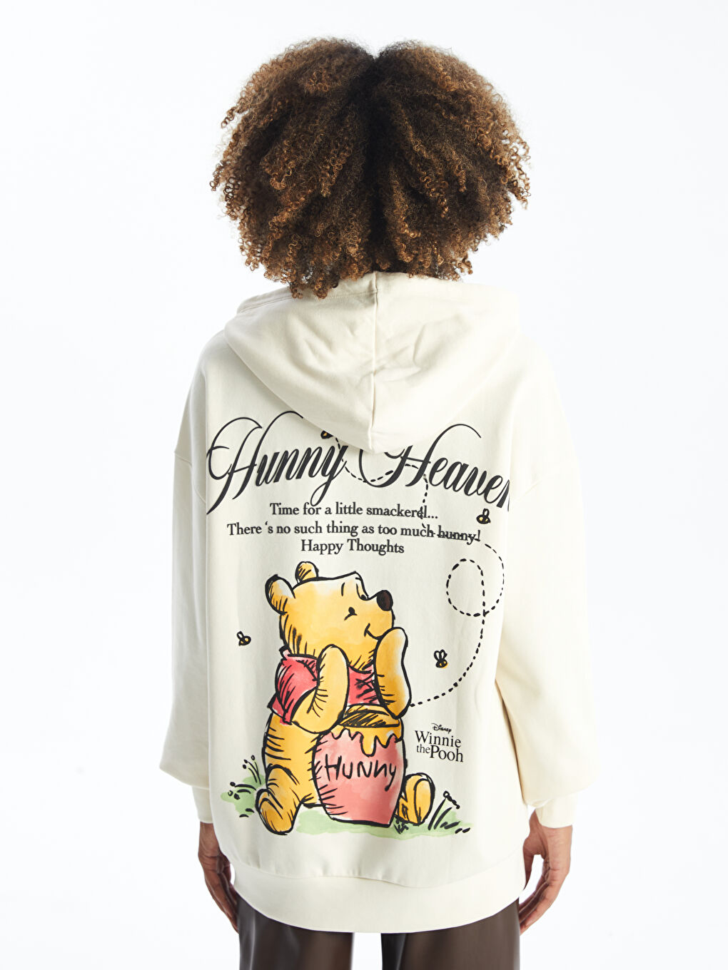 XSIDE Açık Bej Winnie the Pooh Baskılı Oversize Kadın Kalın Hoodie - 3