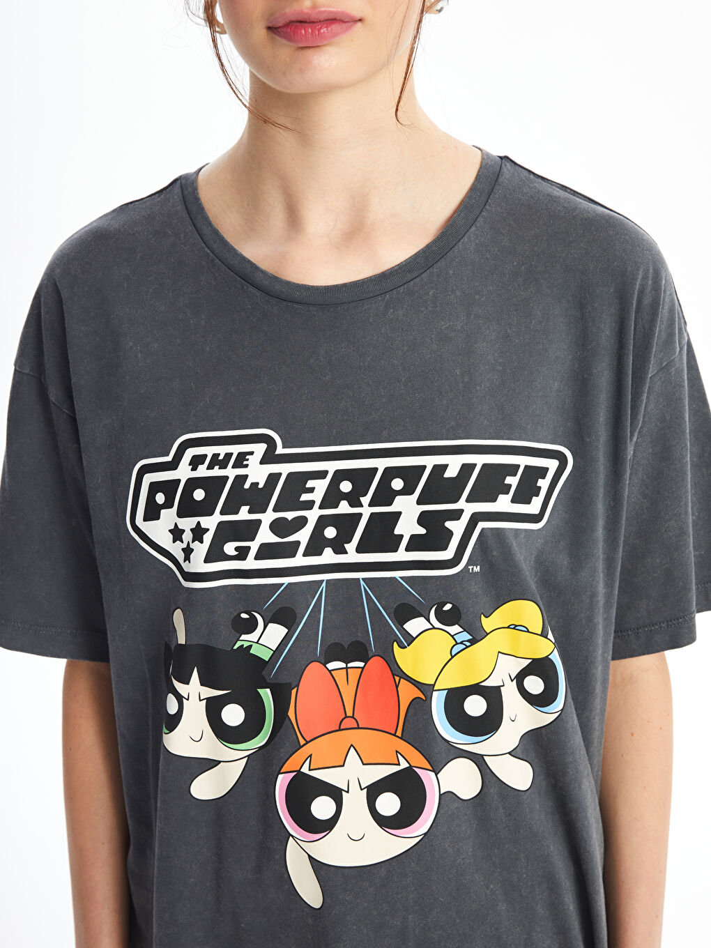 XSIDE Antrasit Bisiklet Yaka Powerpuff Girls Baskılı Kadın Tişört - 2