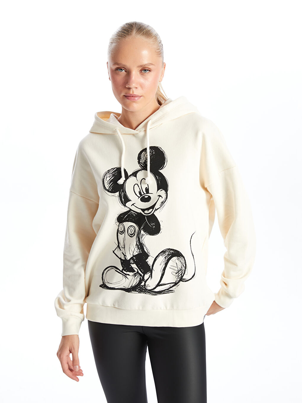 XSIDE Açık Bej Mickey Mouse Baskılı Oversize Kadın Kalın Hoodie