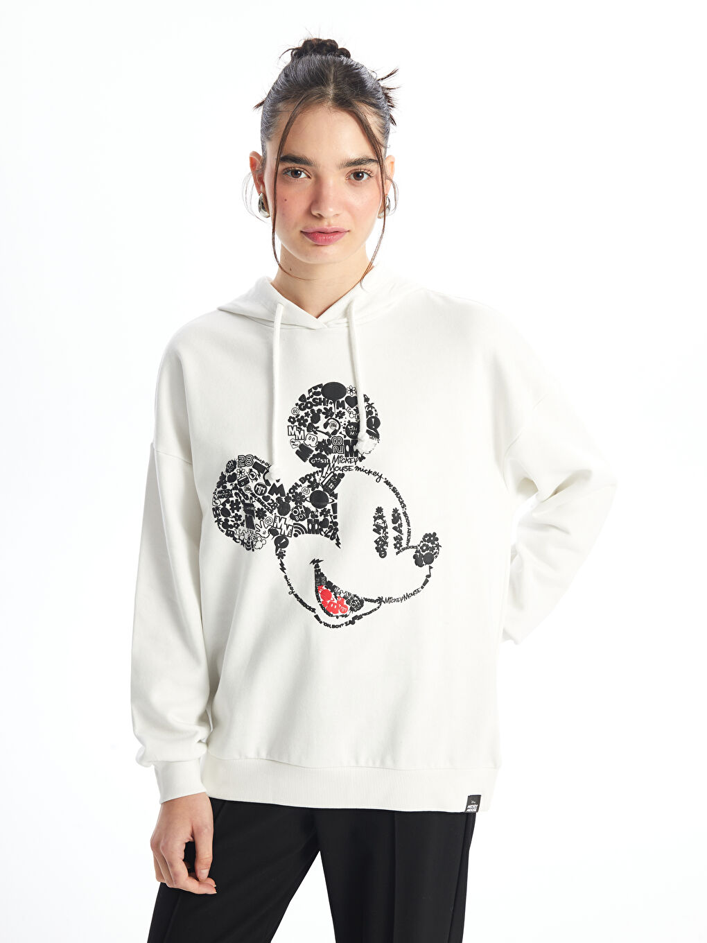 XSIDE Ekru Mickey Mouse Baskılı Oversize Kadın Kalın Hoodie