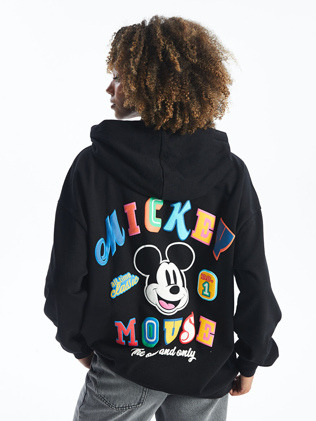 XSIDE Yeni Siyah Mickey Mouse Baskılı Oversize Kadın Hoodie