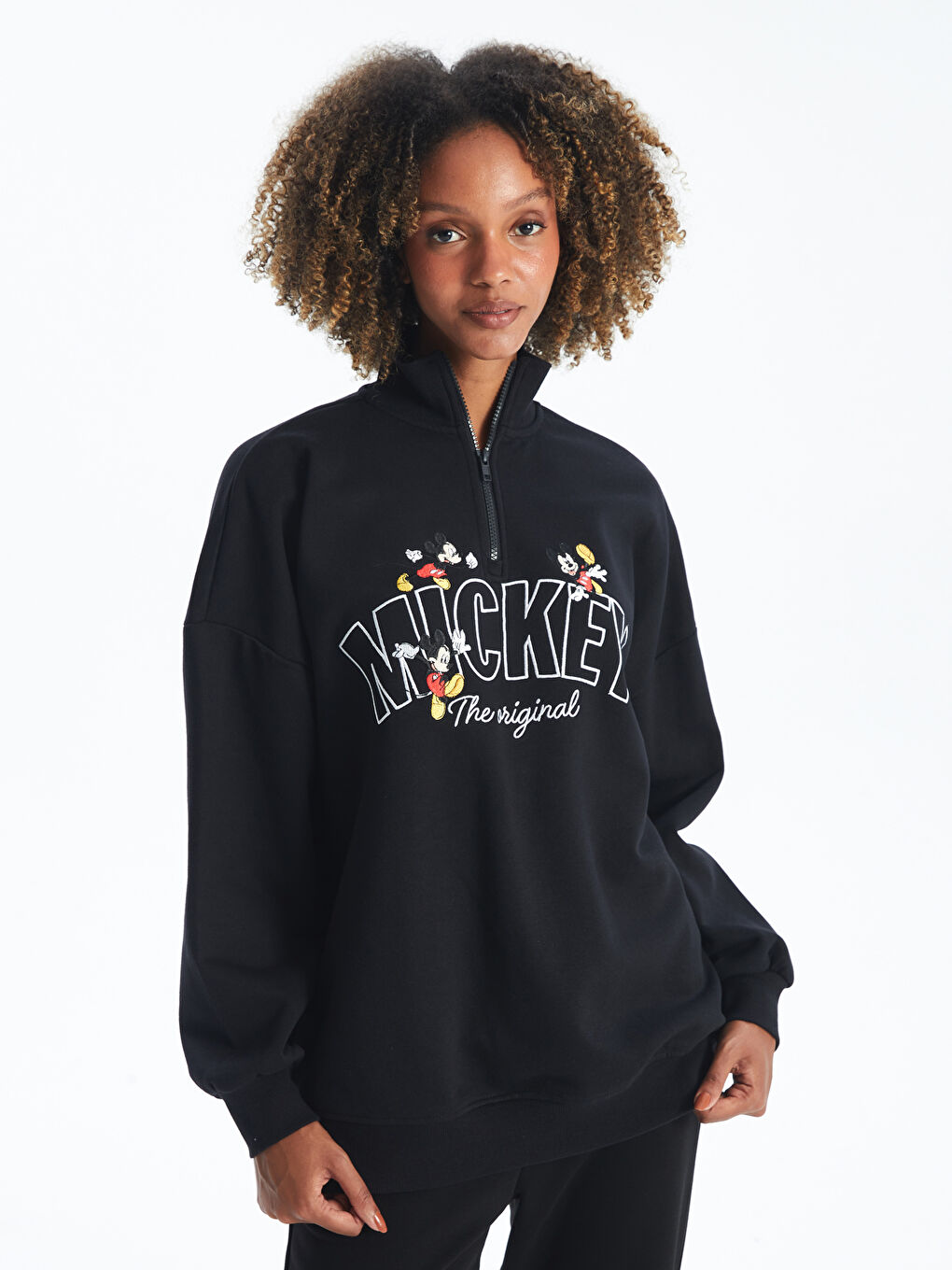 XSIDE Yeni Siyah Dik Yaka Mickey Mouse Baskılı Oversize Kadın Kalın Sweatshirt